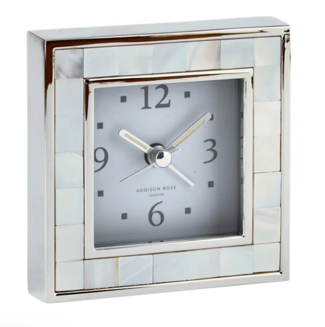 Mother Of Pearl Shell & Silver Square Alarm Clock