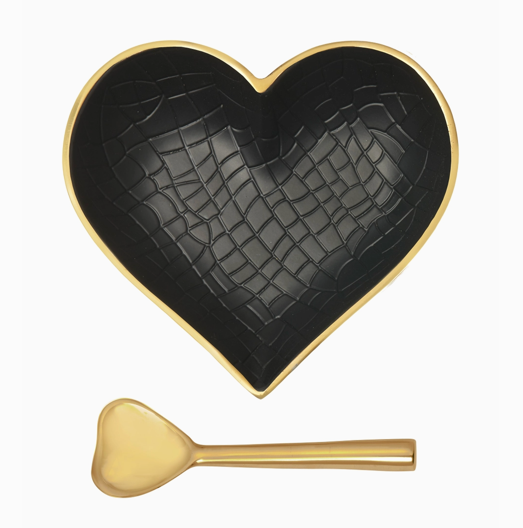 Gold and Black Crock Heart Dish with Gold Spoon