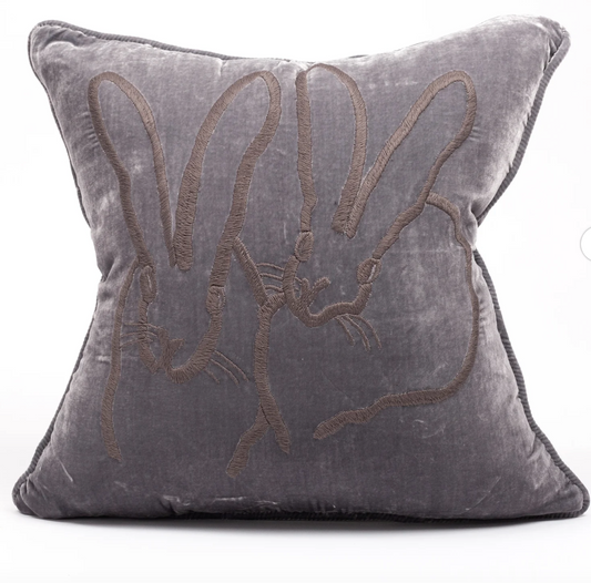 Hand Emb Velvet Bunny Pillow Gray