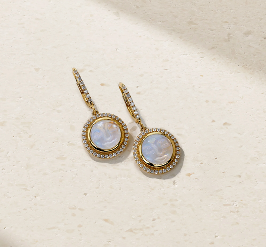 Happy Face Moonstone and Diamond Drop Earrings
