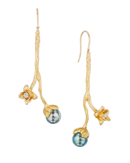 Flower Bud and Tahitian Pearl Earrings by Susan Gordon