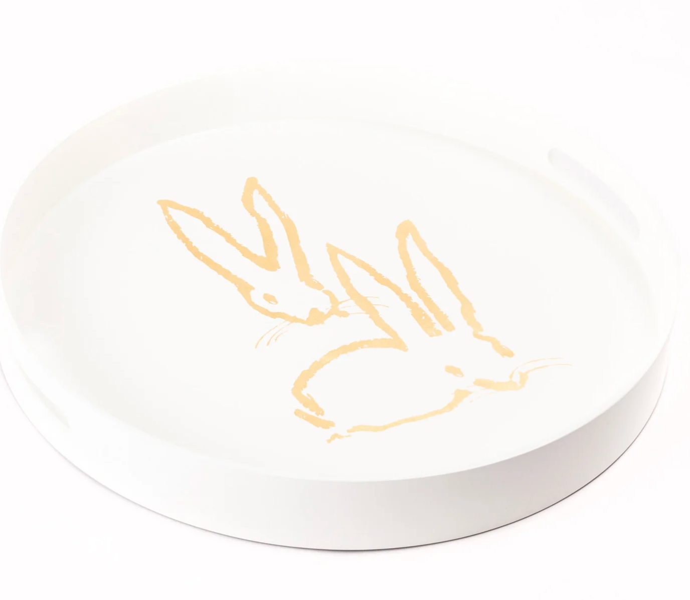 Royal Rabbit Round Tray with Gold Leaf Rabbits, White by Hunt Slonem