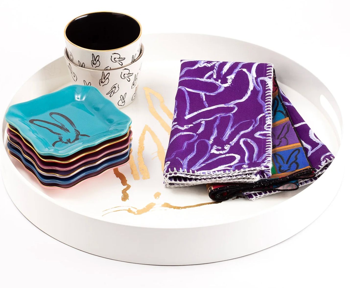 Royal Rabbit Round Tray with Gold Leaf Rabbits, White by Hunt Slonem