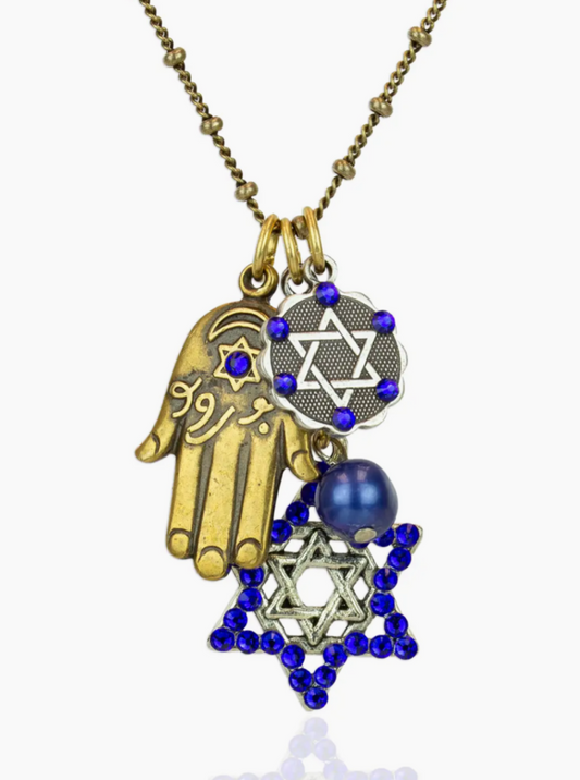 Shimmering Hamsa & Star of David Charm Necklace