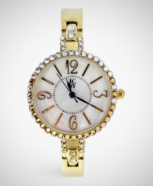 J. Crystal Embellished Gold Tone Cuff Watch