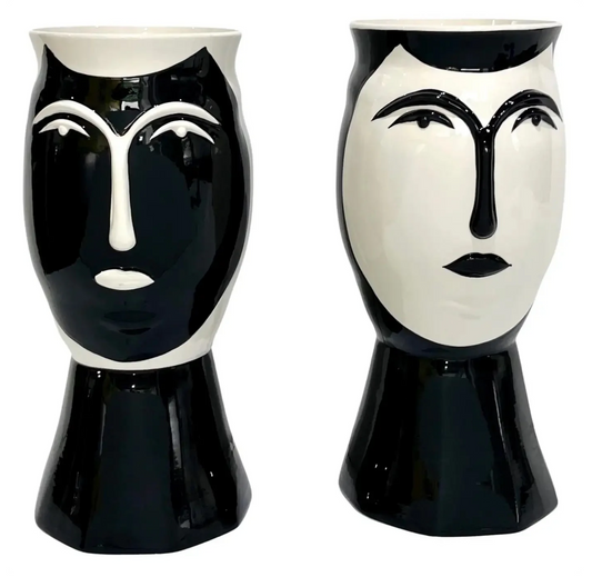 Vintage Italian Bassano Ceramic Pair of Black White Faces Bust Shape Large Vases