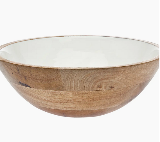 Wood and White Enamel Salad Bowl