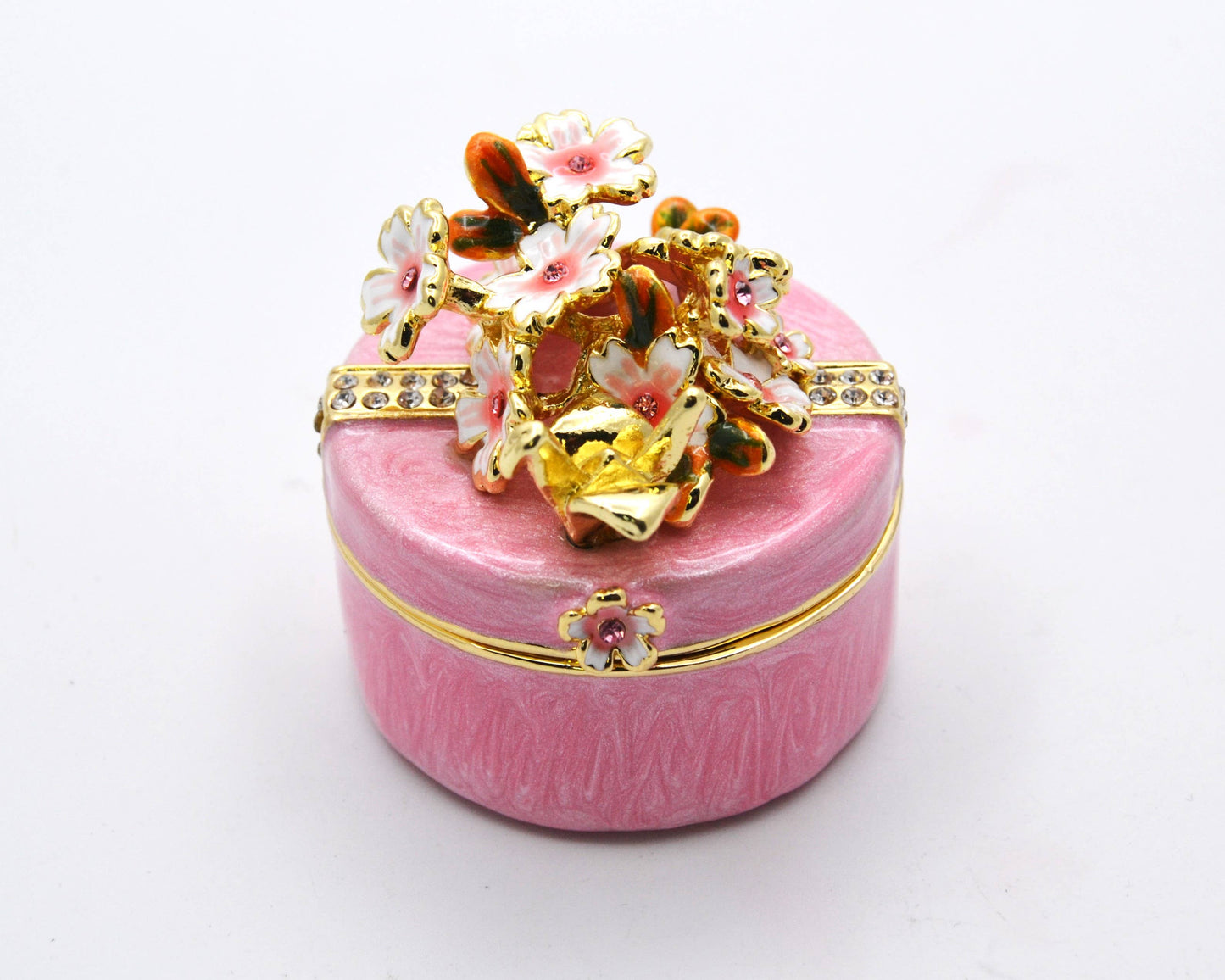 Round Shape Floral Trinket Box Made with Austrian Crystals