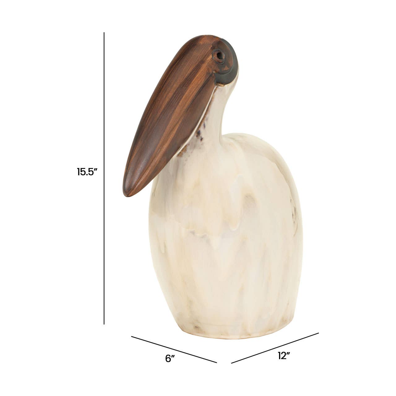 Tall Beige and Brown Ceramic Pelican Bird Sculpture, 15.5"h