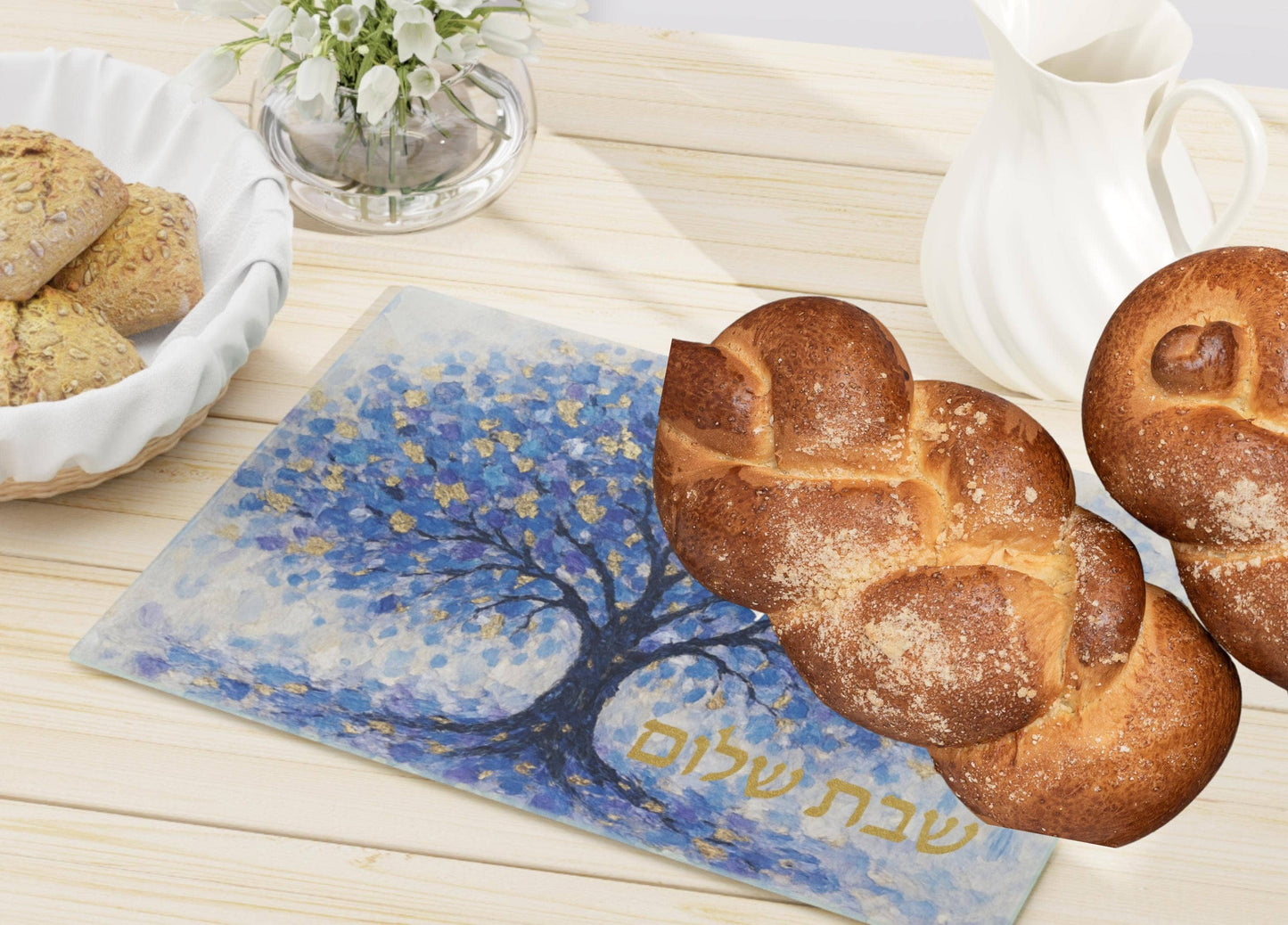 Impressionist Blue & Gold Tree of Life Challah Board