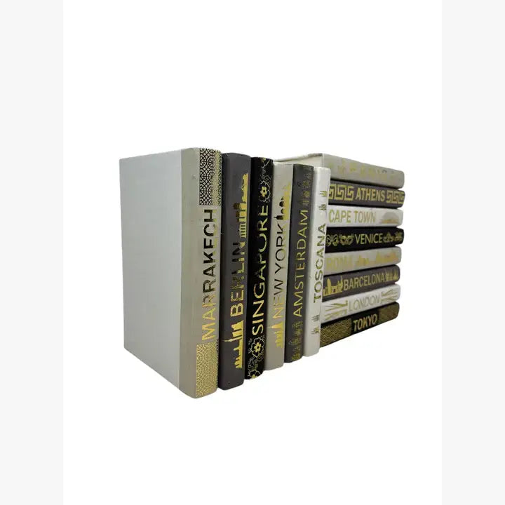 Gold Lettered Travel Destination & Design Covers on Taupe