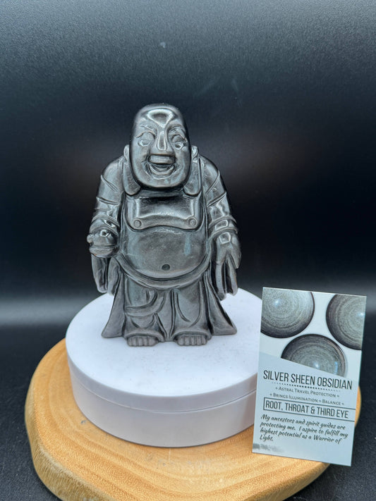 Silver Sheen Obsidian Laughing Happy Buddha carving H249