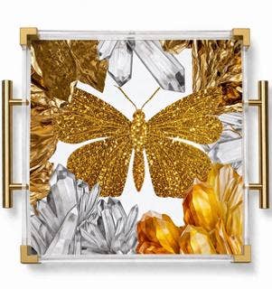 Gold Butterfly Acrylic Serving Tray  Large square 12x12in