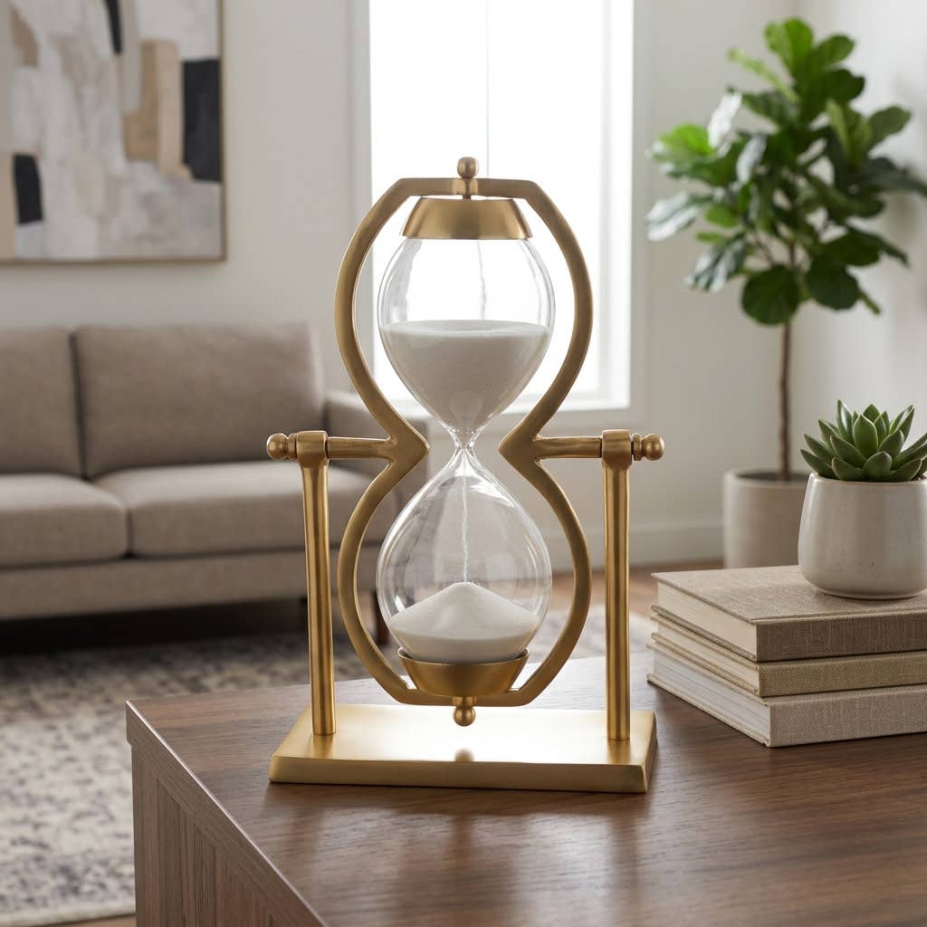 Decorative Sculpture - Gold Metal Hourglass Sandtimer, 11 in.