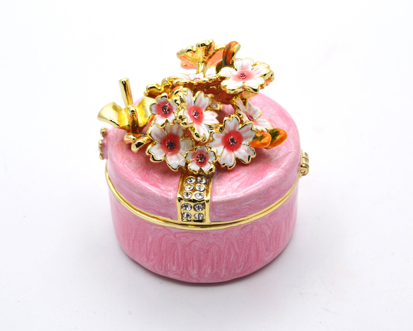 Round Shape Floral Trinket Box Made with Austrian Crystals