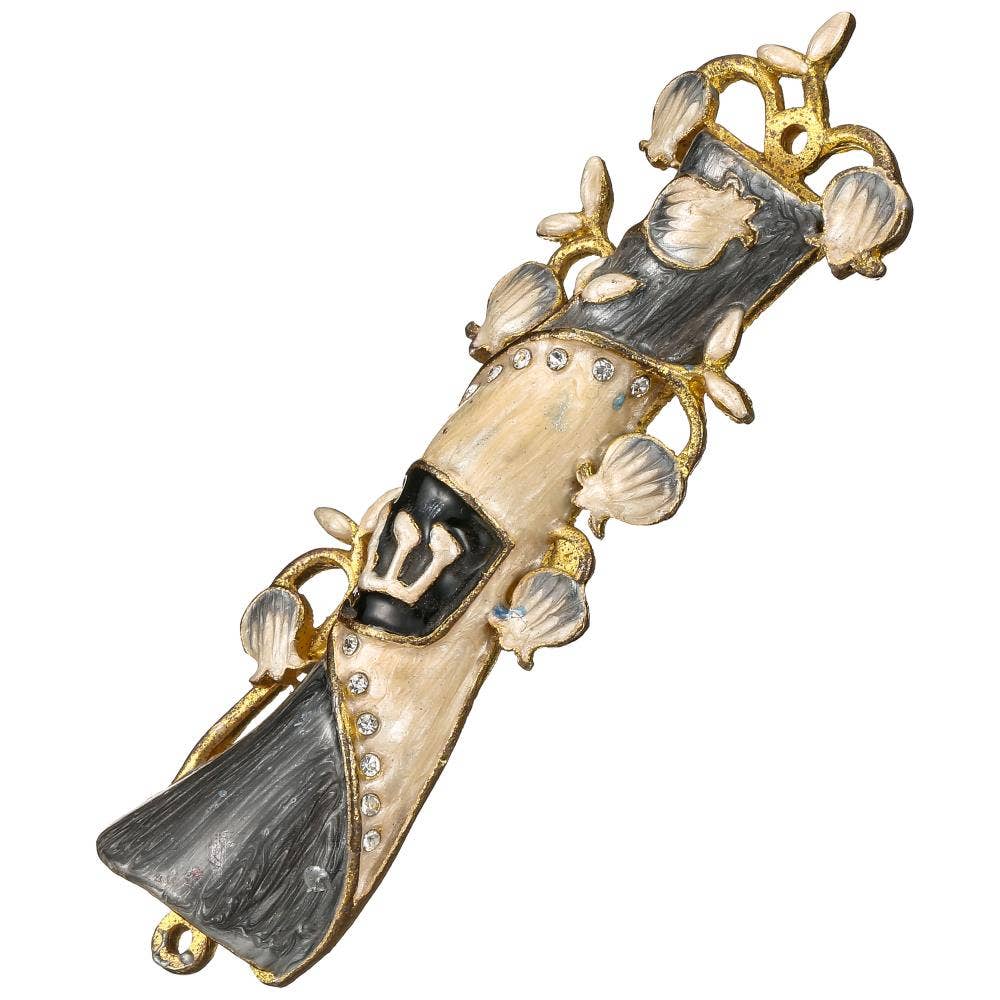 Hand Painted Grey & White Enamel Mezuzah w/ Crystals