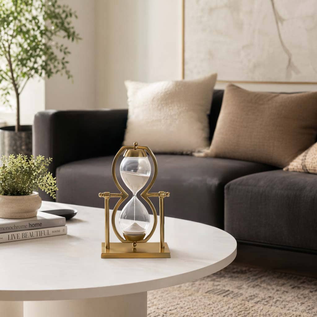 Decorative Sculpture - Gold Metal Hourglass Sandtimer, 11 in.