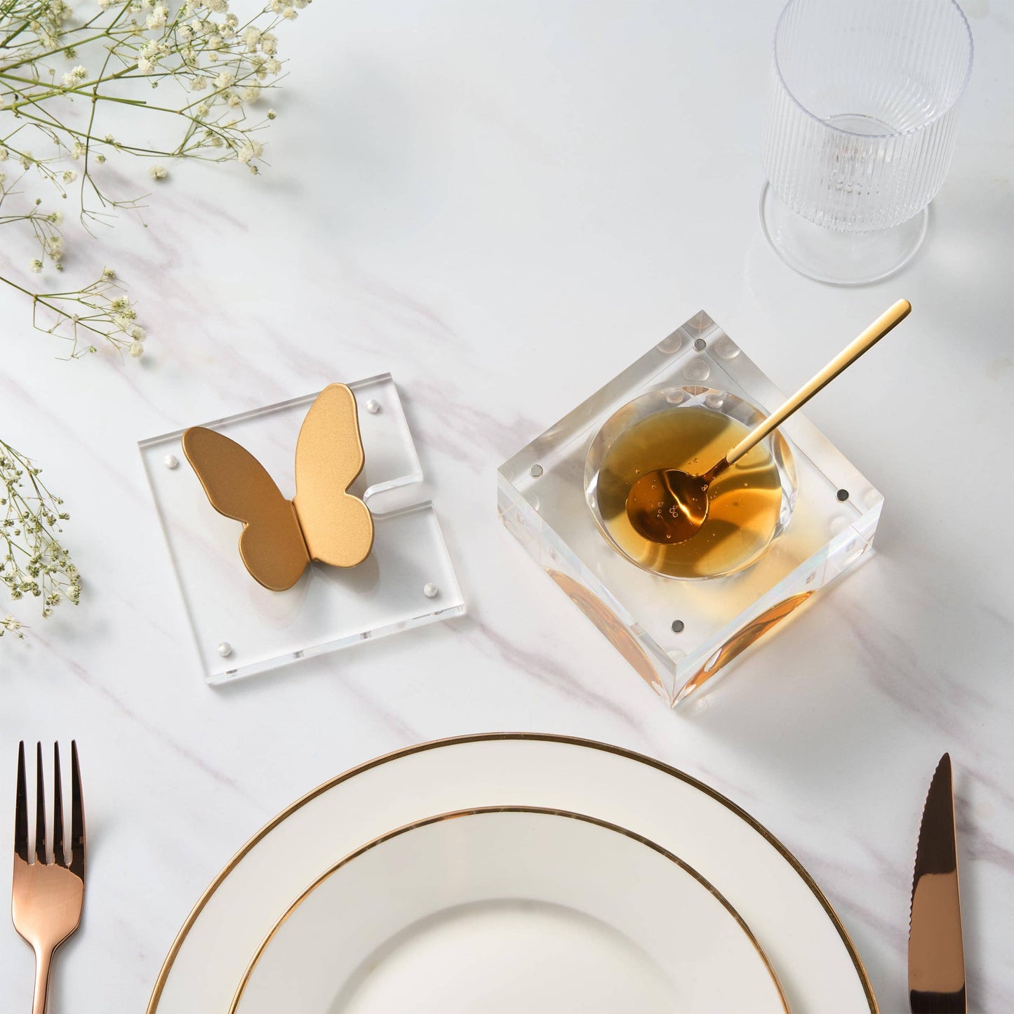 Butterfly Honey Dish with Gold colored Spoon