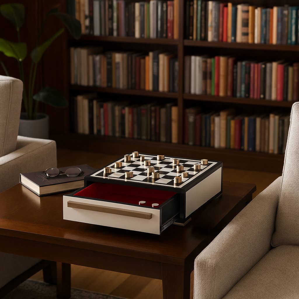 Game Set - Black/Ivory Resin Checkers with Drawer, 15 in.