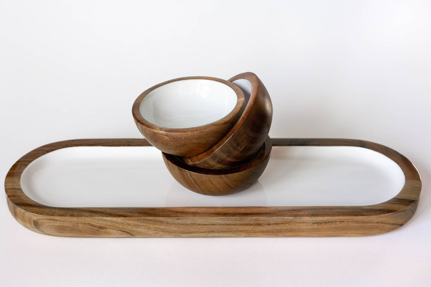 Wood + White Collection Acacia Wood 3 Dipping Bowls and Tray