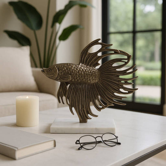 Sculpture - Gold Metal Accomac Fish on Marble Stand