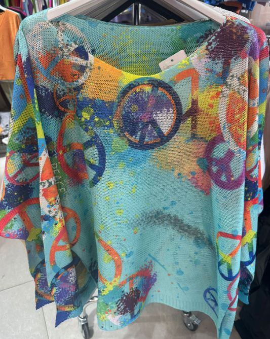 Turquoise Peace & Love Knit Printed Sweater