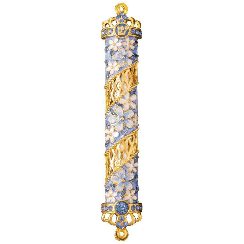 Matashi Blue Flower Jeweled Enamel Mezuzah with Crystal