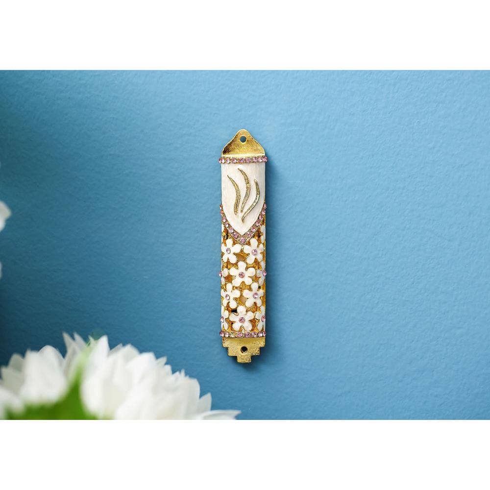 Pink and White 4.25" Hand Painted Enamel Mezuzah