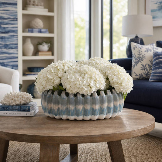 Decorative Bowl - Blue Ceramic Coastal Ombre Style, 17 in.