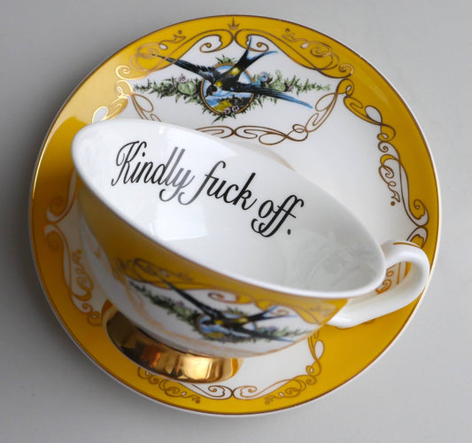 Yellow bird insult teacup and saucer: Kindly fuck off