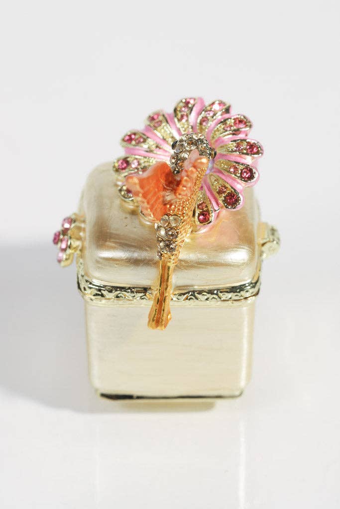 Mini Gold Enamel Ring Box with Hummingbird and Flower