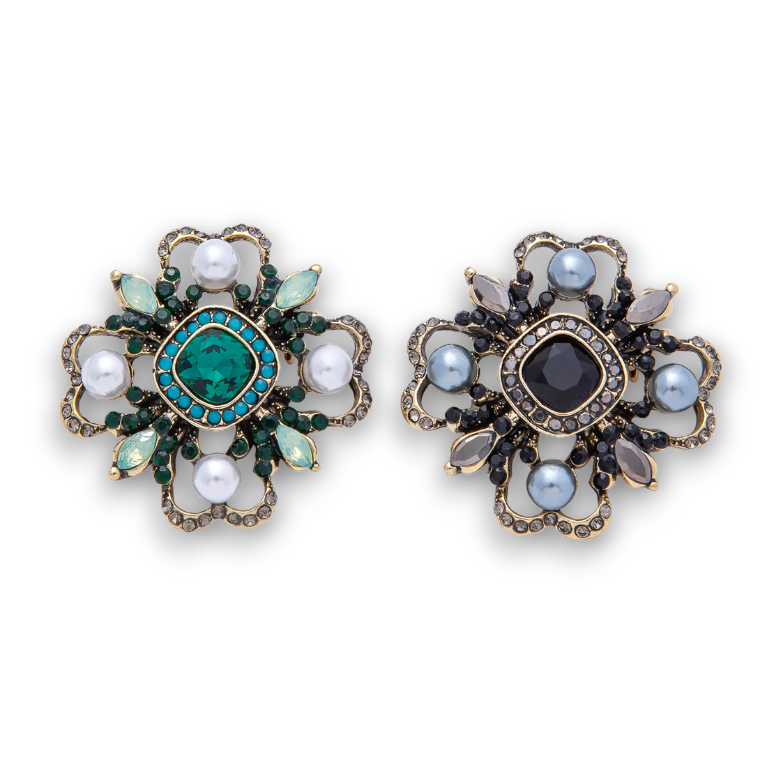 Vintage Antique Gold Flower Green and Turquoise Crystal Brooch Pin