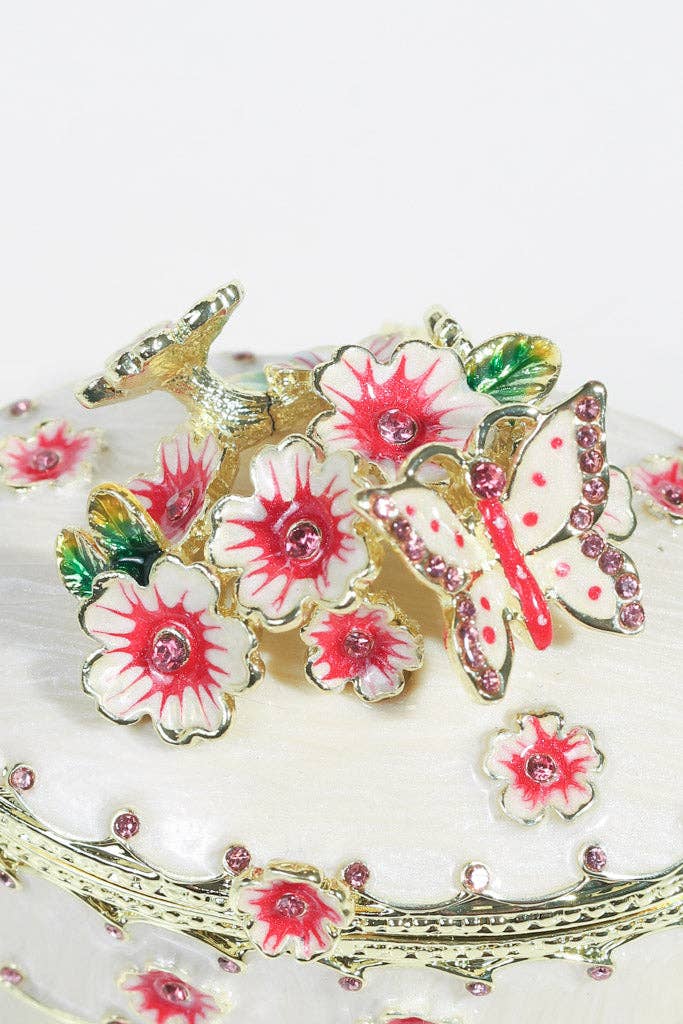 White Enamel Jewelry Box with Hot Pink Flowers and Butterfly
