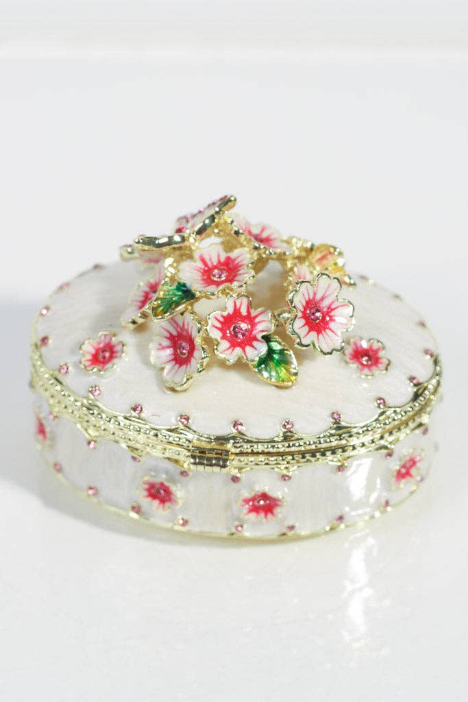 White Enamel Jewelry Box with Hot Pink Flowers and Butterfly