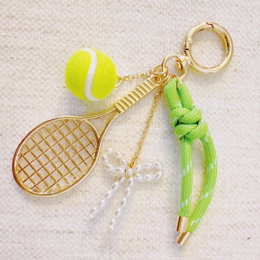 Match Point Tennis Bag Charm – Sporty Gold & Neon Pop with Racket and Ribbon Details