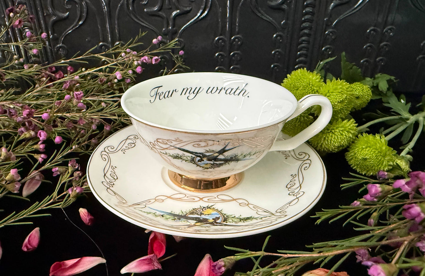 Ivory Fear My Wrath Bird Teacup and Saucer