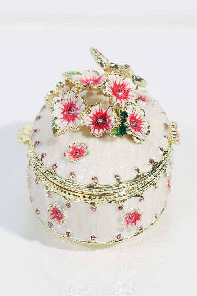 White Enamel Jewelry Box with Hot Pink Flowers and Butterfly
