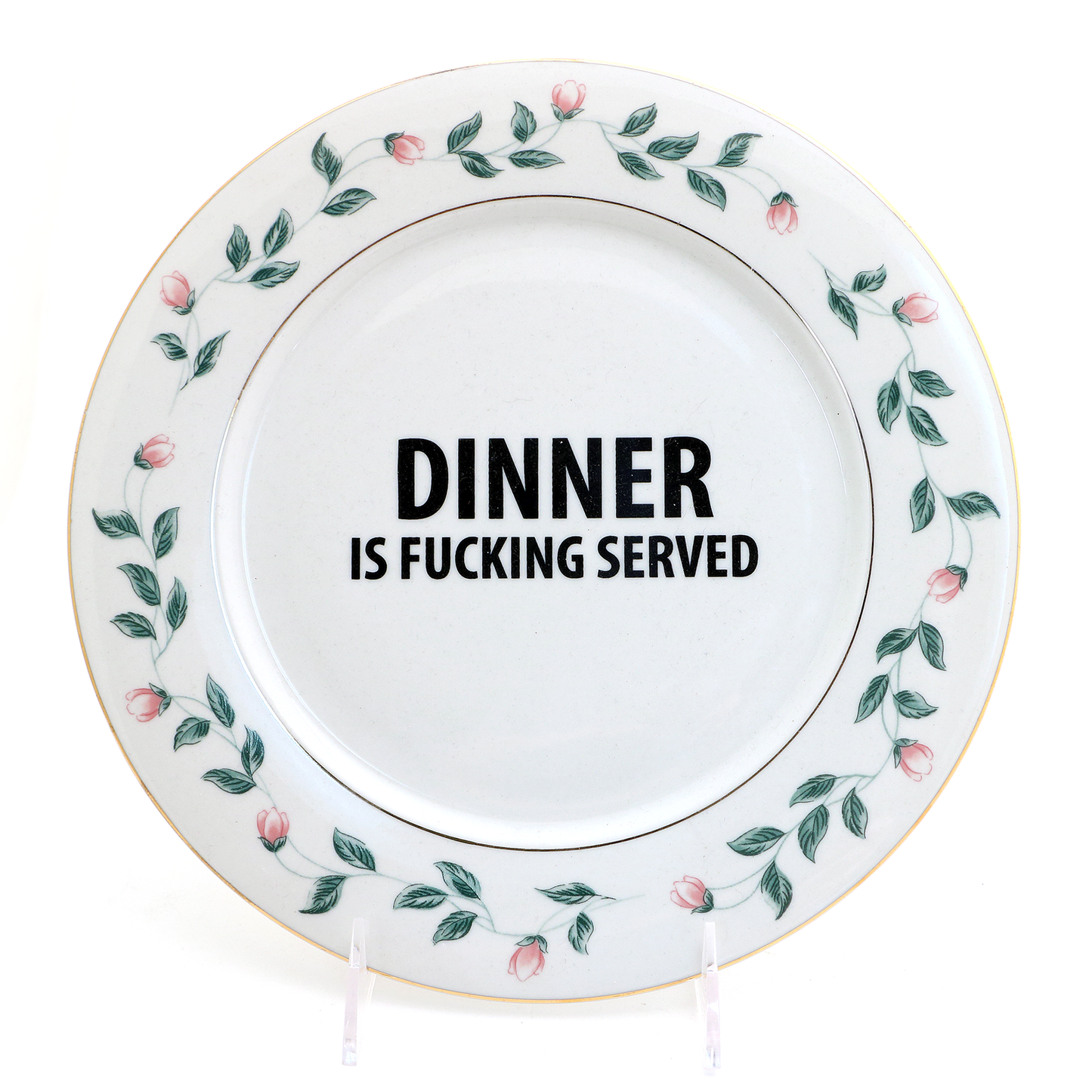 Dinner is F'n Served upcycled vintage plate- mature language