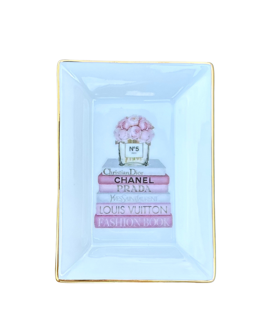 Book Stack Chinoiserie Porcelain Trinket Tray, Pink